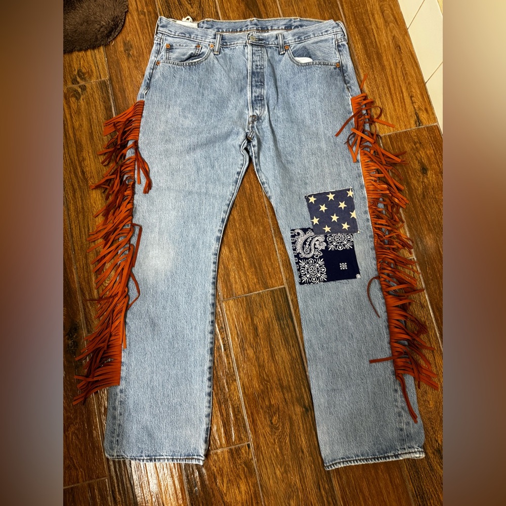 Tricia Fix Light Blue Jeans with Orange Fringe